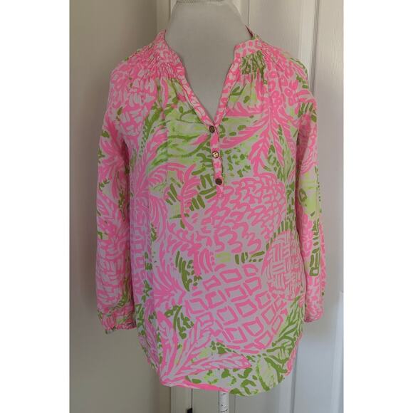 Lilly Pulitzer Elsa Silk Shirt Top Home Slice Pink Pineapple Small - Picture 1 of 6